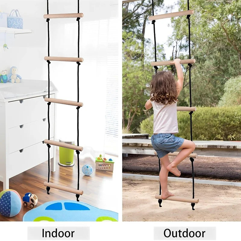 Kids Outdoor Play Area - Children Climbing Rope Ladder Wooden Swing