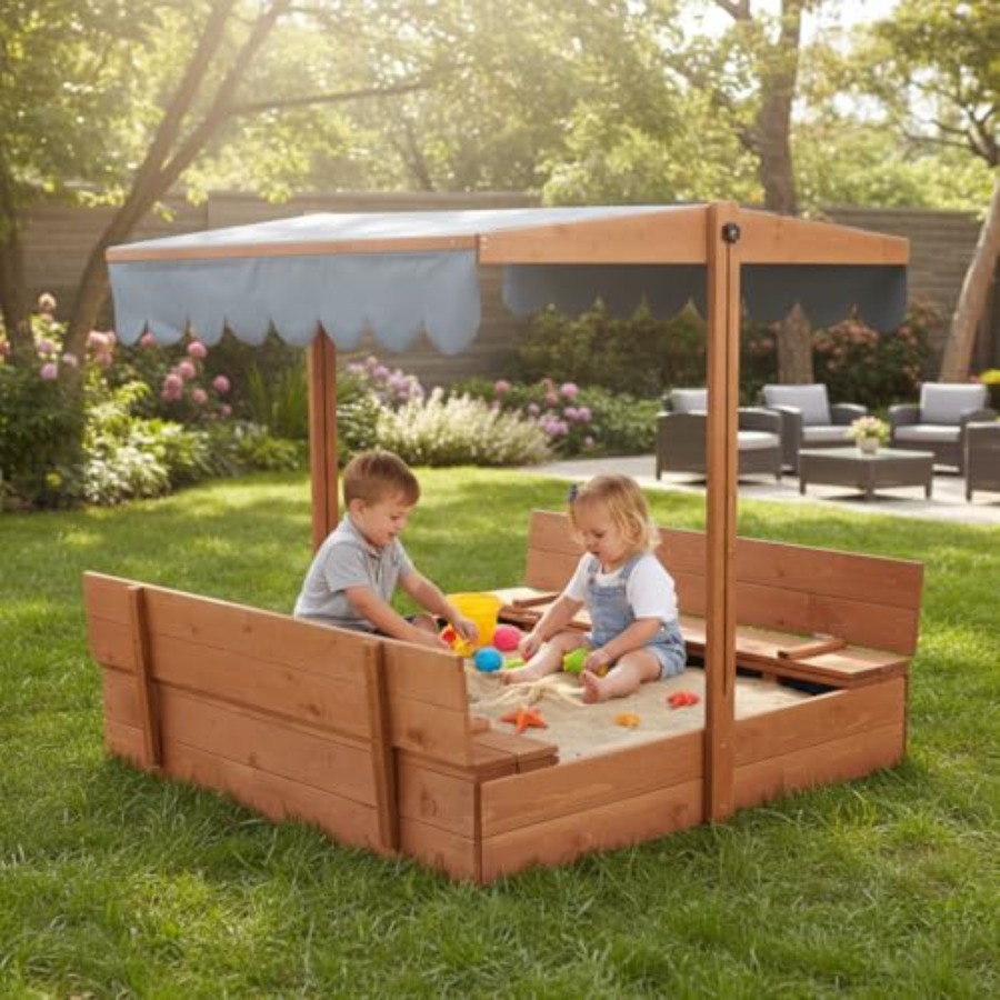 Outdoor wooden sandbox with li - Kids Outdoor Bench ulasan dan harga