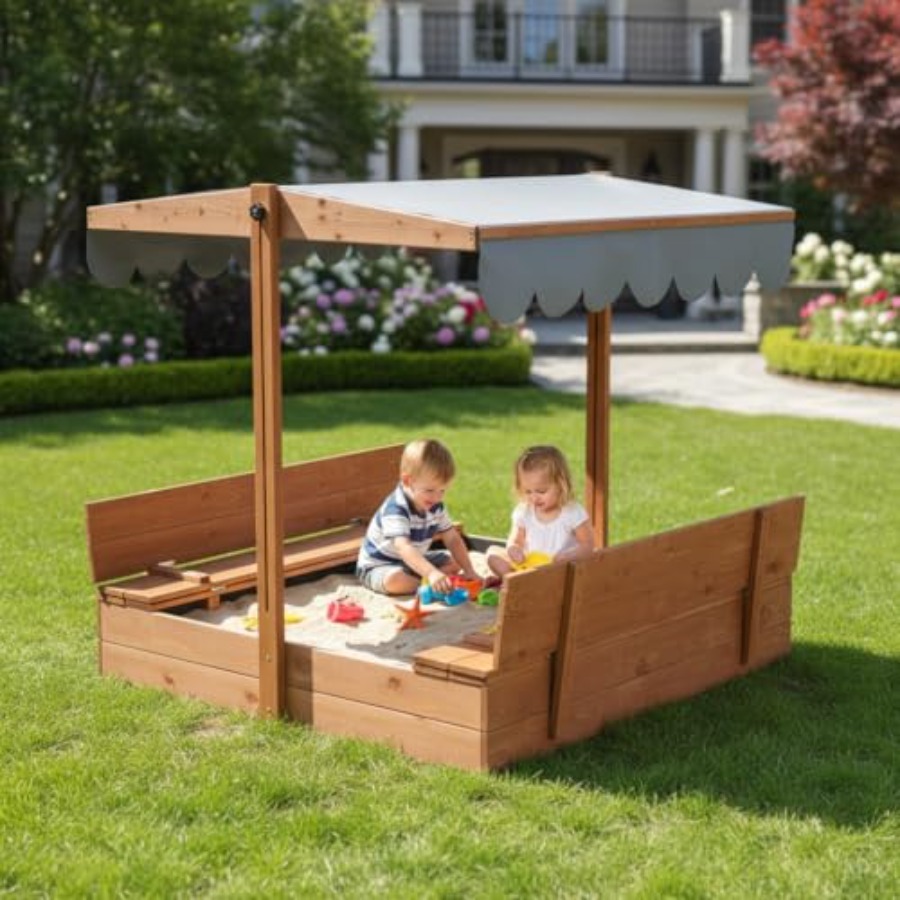 Outdoor wooden sandbox with li - Kids Outdoor Bench ulasan dan harga