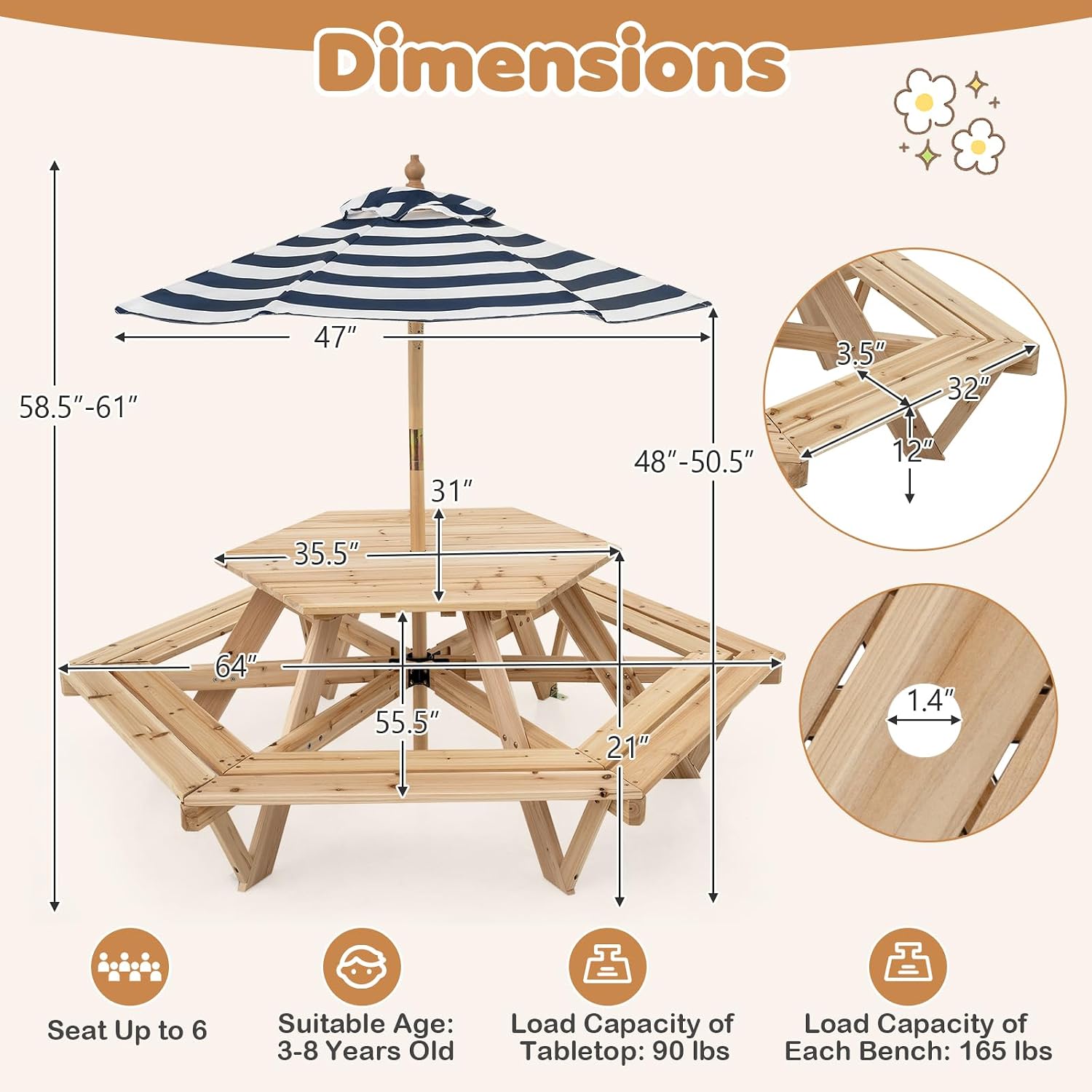 Kids Picnic Table, Hexagonal T - Kids Outdoor Bench ulasan dan harga